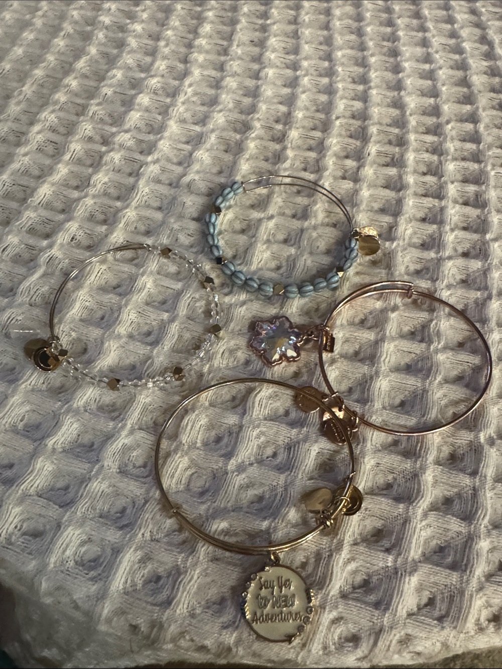 Alex and Ani Rose Gold Charm Stack with Light Blue Beads